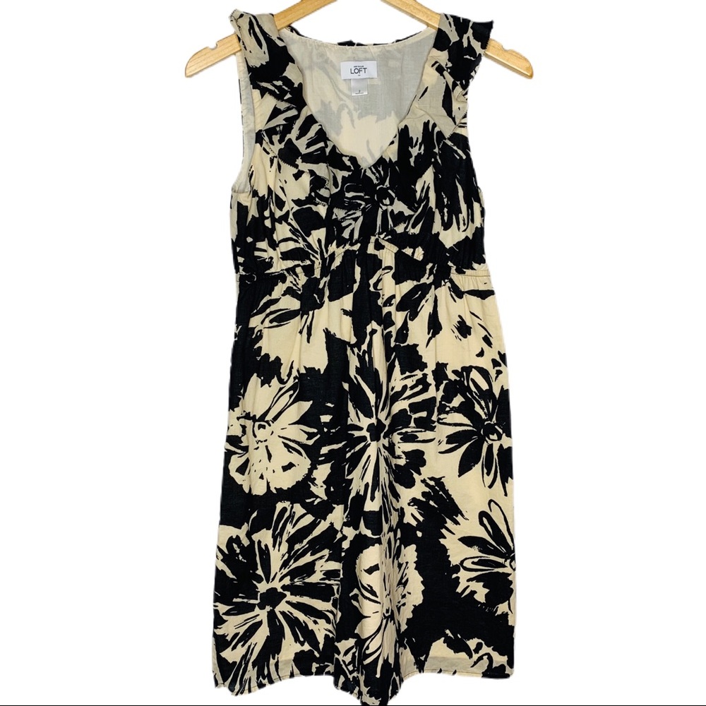 Ann Taylor Loft Black & Cream Floral Ruffle Dress